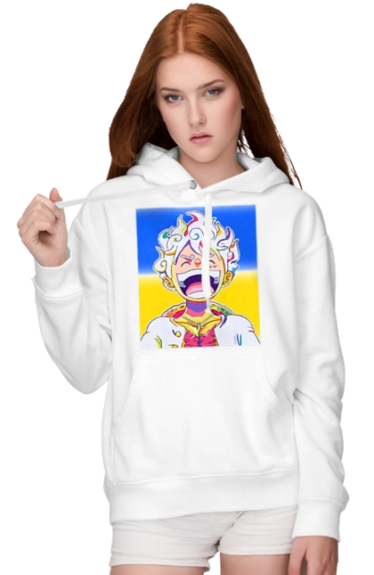 Monkey D Luffy laughing on a yellow blue background