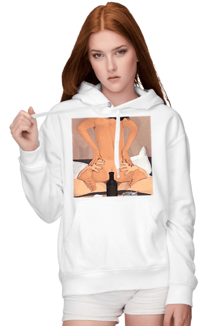 Women`s hoodie with prints Naked Girl, Bottle And Cigarettes. From above, naked. 2070702