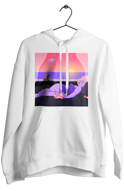Women`s hoodie with prints Purple Girl On Vacation. Girl, sunset, telephone. 2070702
