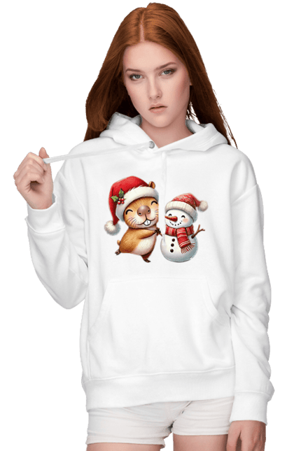 Women's hoodie with prints Capybara and Snowman. Animal, capybara, christmas, christmas capybara, gift, holiday, new year, new year`s gift, santa, snowman. 2070702