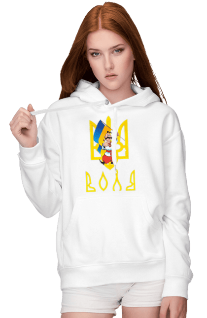 Жіноче худі з принтом "Тризуб Воля Козак з прапором України". Воля, герб, козак, прапор, прапор україни, символ україни, традиції україни, тризуб, тризуб воля, україна. 2070702