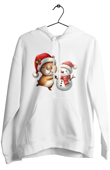 Women's hoodie with prints Capybara and Snowman. Animal, capybara, christmas, christmas capybara, gift, holiday, new year, new year`s gift, santa, snowman. 2070702