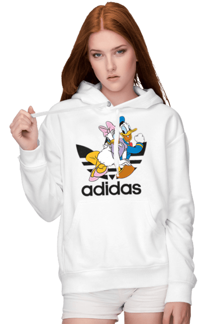 Женское худи с принтом Adidas Дональд Дак. Adidas, daisy duck, donald duck, адидас, дейзи дак, дональд дак, мультсериал, мультфильм. 2070702