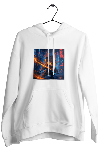 Жіноче худі з принтом "Лабубу". Аніместиль, дія, катана, кіберніндзя, кіберпанк, лабубу, меч, неонове місто, очі` що світяться. 2070702