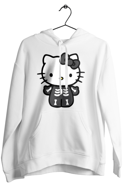 Женское худи с принтом Хелло Китти Хэллоуин. Halloween, hello kitty, zombie, бренд, зомби, котенок, персонаж, скелет, хелло китти, хэллоуин. 2070702