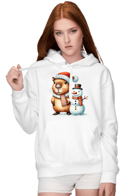 Women's hoodie with prints Capybara and Snowman. Animal, capybara, christmas, christmas capybara, gift, holiday, new year, new year`s gift, santa, snowman. 2070702