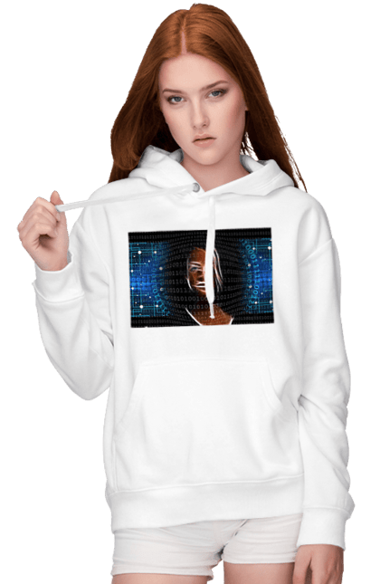 Жіноче худі з принтом "Штучний Розум". Айті, айтішник, гик, жінка, знання, інженер, інтелект, кібер, кібернетика, кіборг, код, комп, комп`ютерник, кристал, машинне навчання, мікросхема, мозок, портрет, програміст, професіонал, професія, розробник, розум, світиться, світло, хакер, чіп, штучний інтелект, штучний розум. 2070702