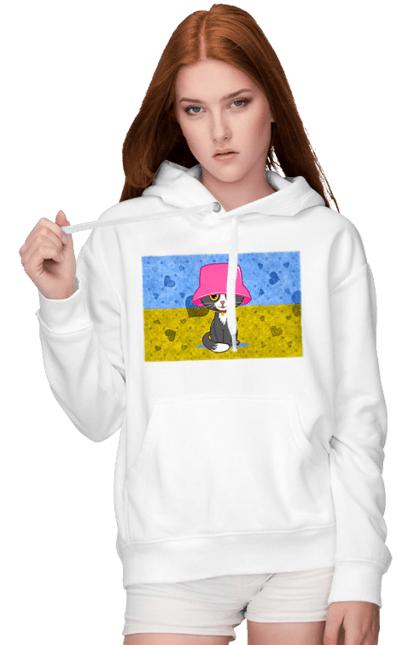 Жіноче худі з принтом "Кіт в розовій панамі на тлі прапора України". Калуш, кіт, кіт в панамі, панама калуша, прапор україни, розова панама, розова панома. ART принт на футболках