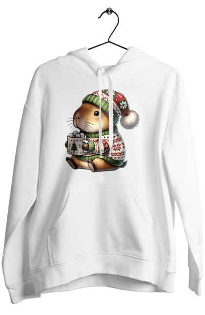 Women's hoodie with prints Capybara with hot chocolate. Animal, capybara, christmas, christmas capybara, gift, holiday, hot chocolate, new year, santa. 2070702