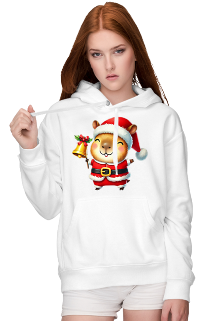 Women's hoodie with prints Funny capybara with a bell. Animal, bell, capybara, christmas, christmas capybara, gift, holiday, new year, new year`s gift, santa. 2070702