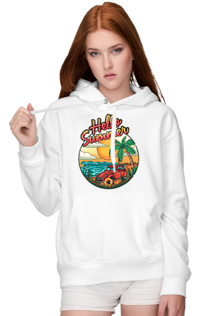 Women`s hoodie with prints Hello Summer, Car By The Sea. Beach, island, palm, summer. 2070702