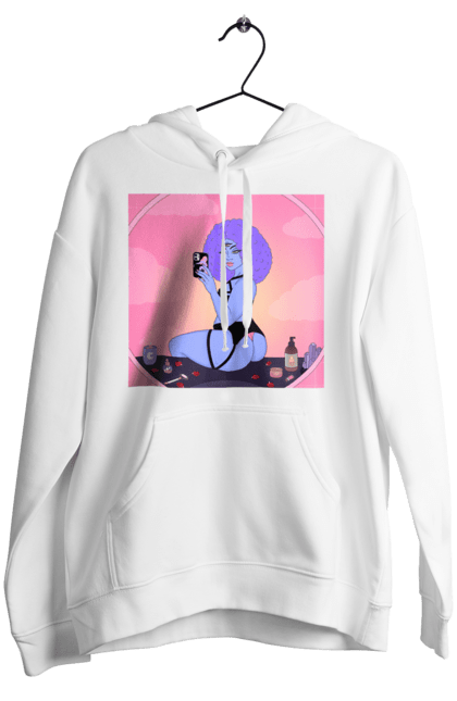 Women`s hoodie with prints Purple Girl Photo In The Mirror. Mirror, whiteness. 2070702