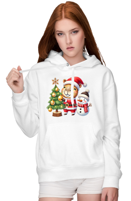 Women's hoodie with prints Christmas Capybara with a Tree. Animal, capybara, christmas, christmas capybara, christmas tree, gift, holiday, new year, new year`s gift, santa. 2070702