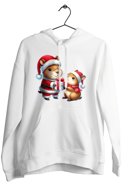 Women's hoodie with prints Christmas Capybara with a Gift. Animal, capybara, christmas, christmas capybara, gift, holiday, new year, new year`s gift, santa. 2070702