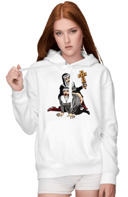 Жіноче худі з принтом "Монашки БДСМ". Бдсм, крута, модна, молодіжна, плескає по дупі, рок, рольові ігри, черниці бдсм, черницю, черниця. 2070702