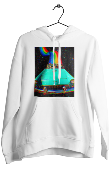 Жіноче худі з принтом "Картина, машина у космосі". Веселка, картина, космос, машина, подорожі, поїздка, прикол, ретро. 2070702