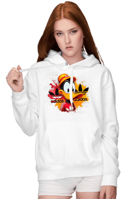 Женское худи с принтом Даффи Дак Adidas. Adidas, daffy duck, looney tunes, merrie melodies, warner brothers, даффи дак, мультфильм, персонаж, утка даффи. 2070702