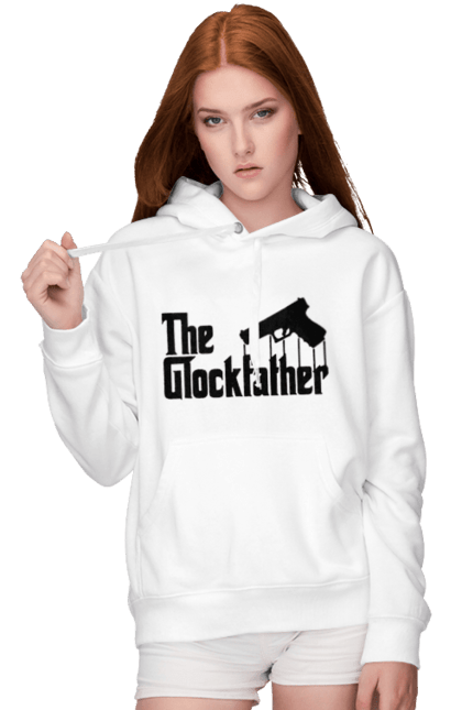 Women's hoodie with prints The Glockfather. Firearm, gangster, glock, glockfather, godfather reference, gun, pistol, weapon. 2070702