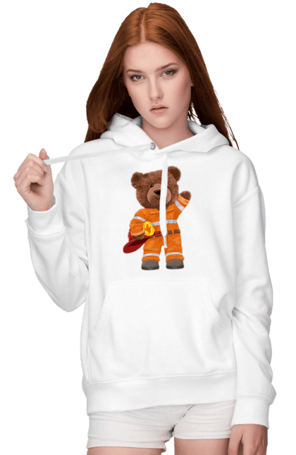 Жіноче худі з принтом "Ведмедик пожежник". Ведмедик, ведмедик пожежник, ведмідь, пожежник, рятувальник, тедді. futbolka.stylus.ua