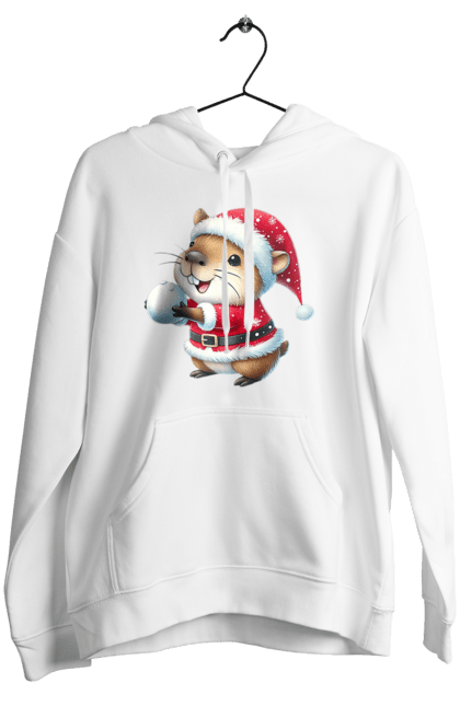 Women's hoodie with prints Capybara playing snowballs. Animal, capybara, christmas, christmas capybara, game, gift, holiday, new year, santa, snowballs. 2070702