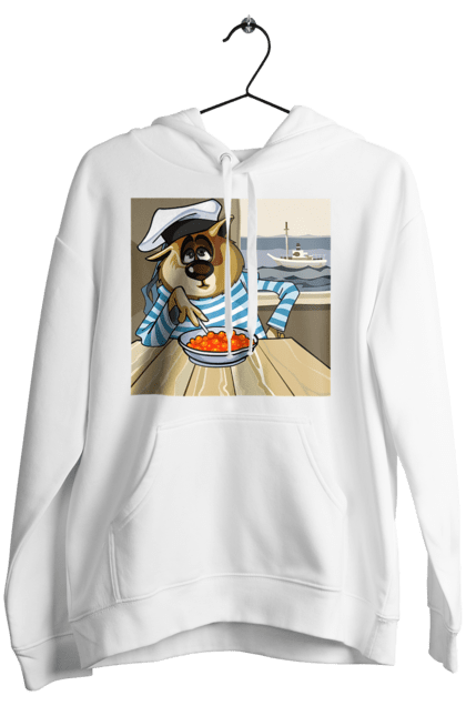 Women`s hoodie with prints Cat Sailor, On The Ship Eats Red Caviar. Cat, caviar, sailor, ship. 2070702