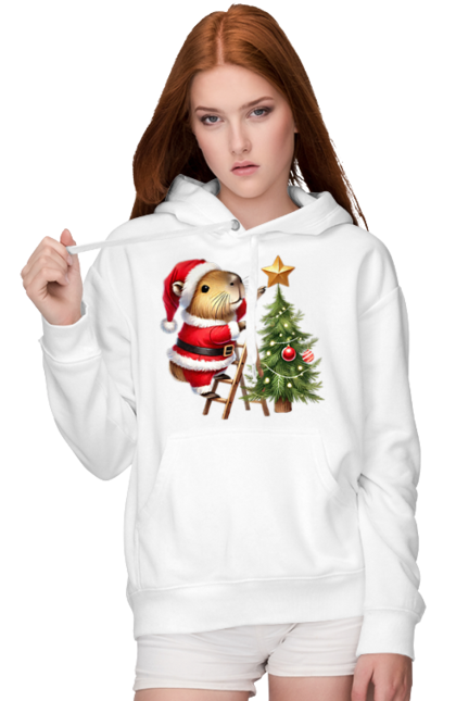 Women's hoodie with prints Christmas Capybara with a Tree. Animal, capybara, christmas, christmas capybara, christmas tree, gift, holiday, new year, new year`s gift, santa. 2070702