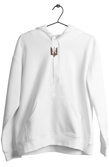 Women`s hoodie with prints Vyshyvanka coat of arms. Actual, emblem, embroidered shirt, symbolics, ukrainian, unusual, war. 2070702