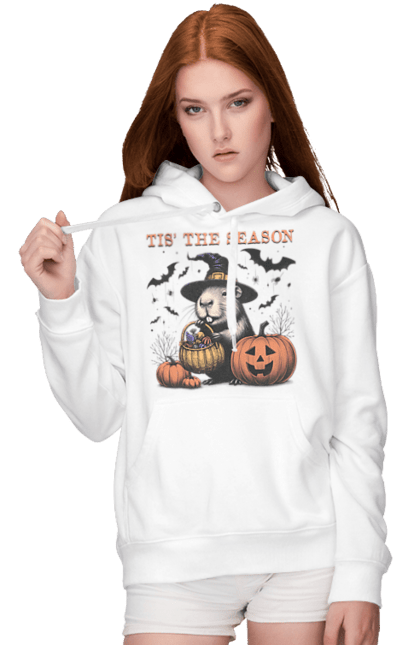 Women's hoodie with prints Capybara Halloween. Animal, capybara, ghost, halloween, holiday, moon, pumpkin, rodent, witch. 2070702