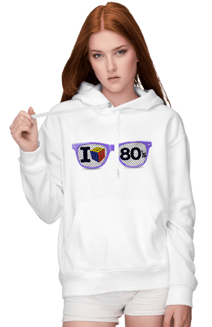 Жіноче худі з принтом "Окуляри Я Люблю 80Е". 80, 80ті, окуляри, ретро. futbolka.stylus.ua