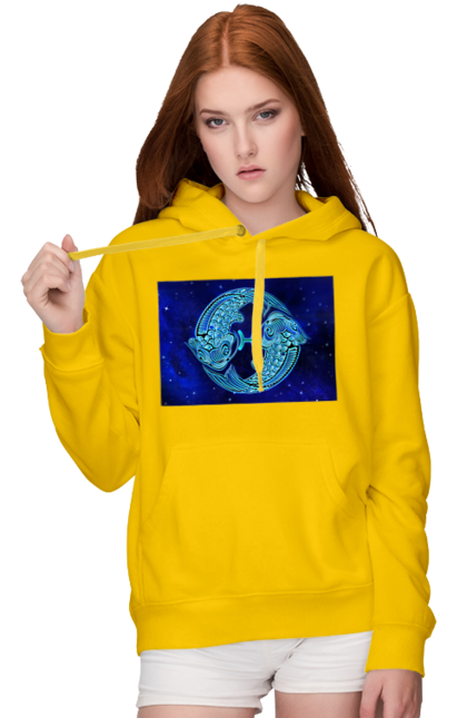 Жіноче худі з принтом "Риби Знак Зодіаку". Астрологія, астрономія, доля, знак зодіаку, знаки зодіаку, зодіак, передбачення, риби, символ, синій, цикл. ART принт на футболках