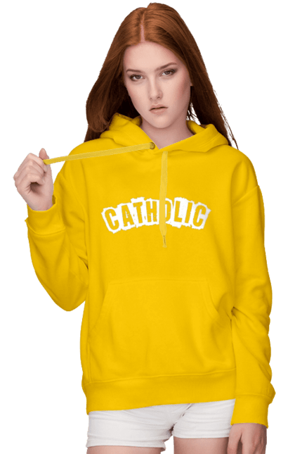 Жіноче худі з принтом "Catholic". Білий, гумор, католик, кіт, текст. futbolka.stylus.ua