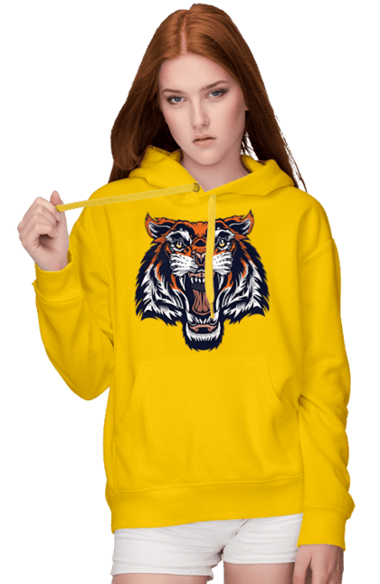 Жіноче худі з принтом "Сердитий оранжевий тигр". Голова тигра, джунглі, злий тигр, сердитий тигр, тигр. CustomPrint.market