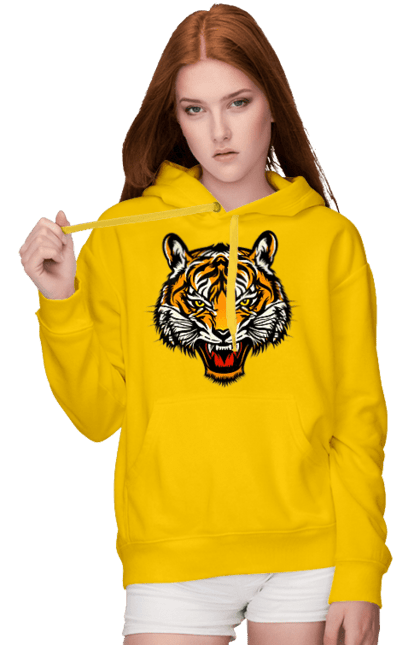 Жіноче худі з принтом "Голова жовтого тигра". Голова тигра, джунглі, жовтий тигр, тварини, тигр. CustomPrint.market