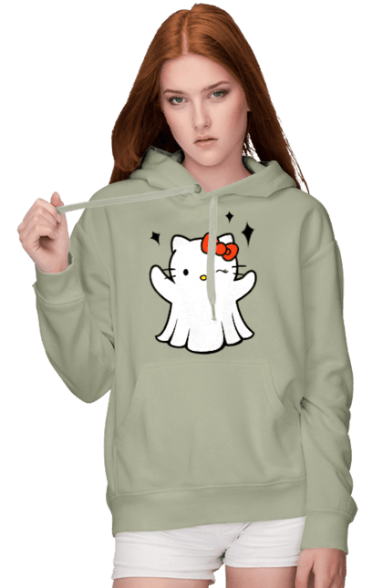 Women's hoodie with prints Hello Kitty Halloween. Brand, cat, character, ghost, halloween, hello kitty, kitten, kitty. 2070702