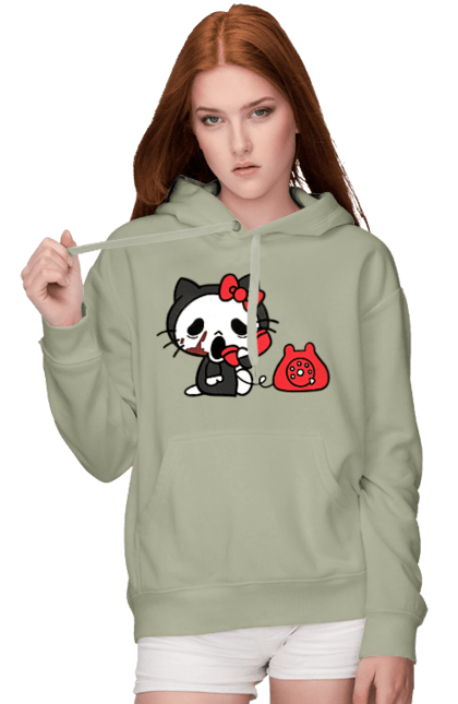 Женское худи с принтом Хелло Китти Хэллоуин. Halloween, hello kitty, бренд, кот, котенок, персонаж, хелло китти, хэллоуин. 2070702