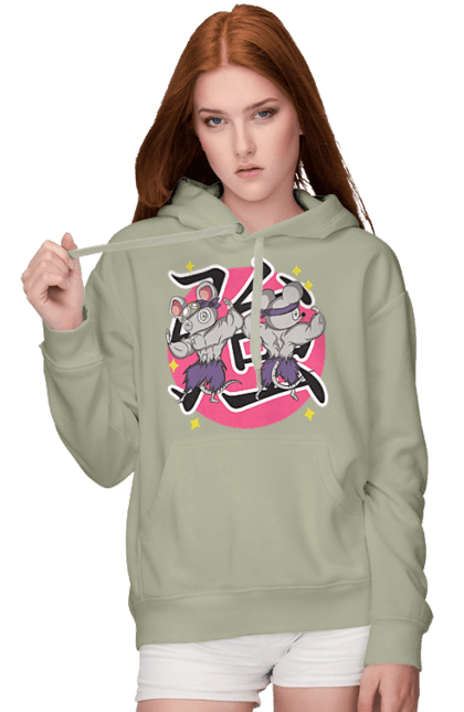 Women's hoodie with prints Demon Slayer Uzui Tengen's mice. Anime, demon slayer, kimetsu no yaiba, manga, mice, serial, tengen, tengen uzui, uzui. 2070702