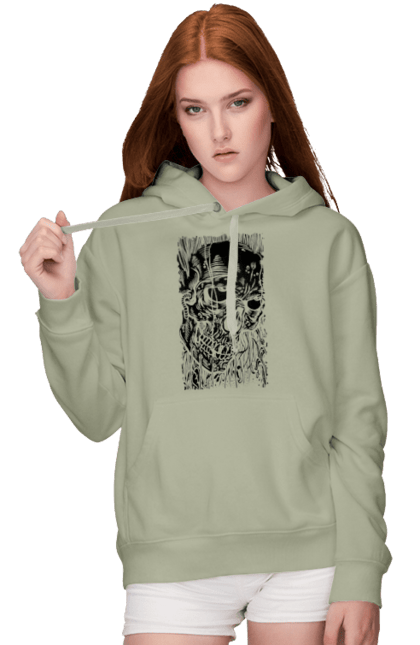 Women's hoodie with prints Skull. Black and white, bones, eyes, scull, teeth, worms. 2070702