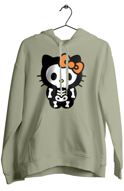 Женское худи с принтом Хелло Китти Хэллоуин. Halloween, hello kitty, zombie, бренд, зомби, котенок, персонаж, скелет, хелло китти, хэллоуин. 2070702