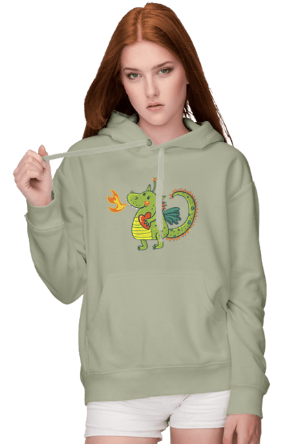 Women's hoodie with prints Dragon in love. Dragon, fire, green dragon, heart, hearts, love, new year, symbol 2024. 2070702