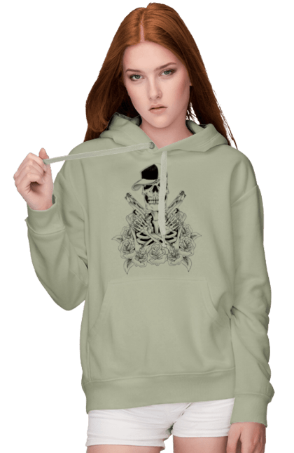 Women's hoodie with prints Skeleton with pistols. Black and white, bones, cap, gun, roses, scull, skeleton, teeth. 2070702