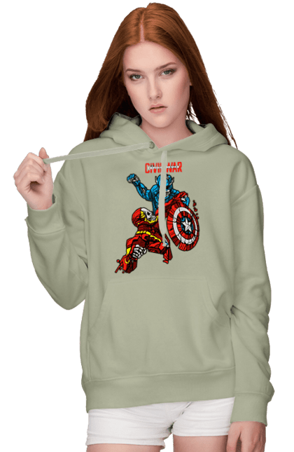 Women's hoodie with prints Iron Man vs Captain America. Avengers, captain america, civil war, comic, comics, film, iron man, marvel, marvel comics, tony stark. 2070702