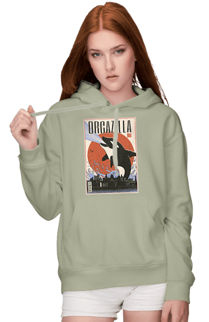 Women's hoodie with prints Orcazilla. Cartoon style design, graphic, japan print, japanese, japanese art, japanese poster, japanese poster orca, ocean wildlife, orca, orcazilla. 2070702