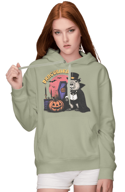 Women's hoodie with prints Capybara Halloween. Animal, capybara, ghost, halloween, holiday, moon, pumpkin, rodent, vampire. 2070702