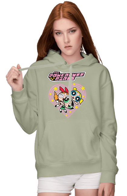 Women's hoodie with prints Powerpuff Girls. Animated series, blossom, bubbles, buttercup, cartoon network, cool girls, heart, powerpuff girls. 2070702