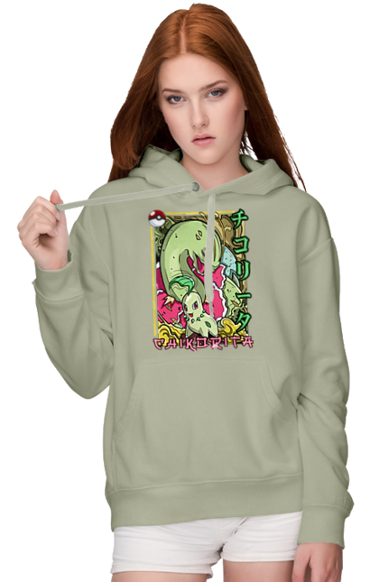 Women's hoodie with prints Pokemon Chikorita. Anime, chikorita, games, nintendo, pokemon, pokemon go. 2070702