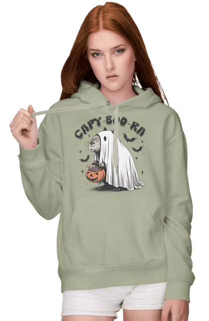 Women's hoodie with prints Capybara Halloween. Animal, capybara, ghost, halloween, holiday, moon, pumpkin, rodent. 2070702