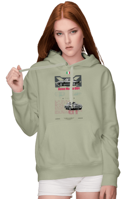 Women's hoodie with prints Aston Martin DB4. Aston martin, auto, automobile, car, db4, race, sport, sport car. 2070702