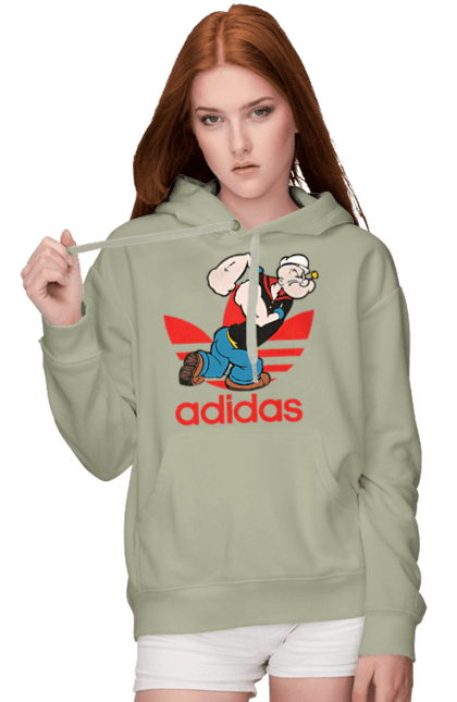 Женское худи с принтом Adidas Моряк Попай. Adidas, popeye the sailor, адидас, комикс, моряк, мультфильм, сериал, трубка. 2070702