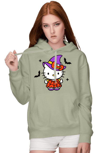 Women's hoodie with prints Hello Kitty Halloween. Brand, cat, character, halloween, hello kitty, kitten, kitty, witch. 2070702