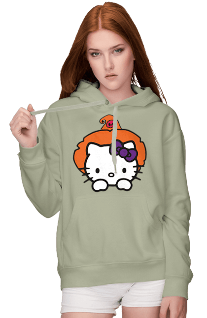 Women's hoodie with prints Hello Kitty Halloween. Brand, cat, character, halloween, hello kitty, kitten, kitty, witch. 2070702